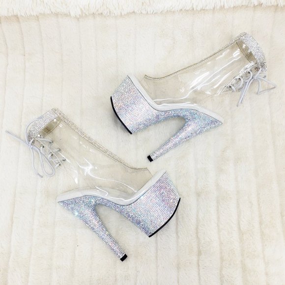 Bejeweled Rhinestone Platform Heel Ankle Boots Wit - Picture 8 of 17